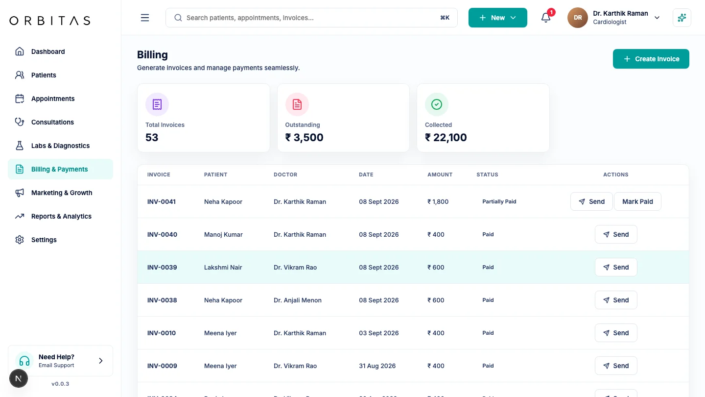 Orbitas clinic billing and invoice dashboard in INR