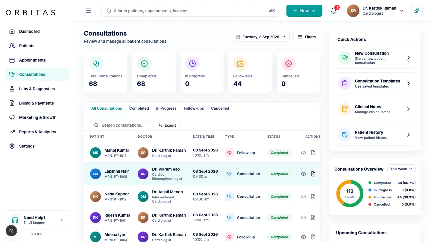 Orbitas consultation notes and clinical review interface