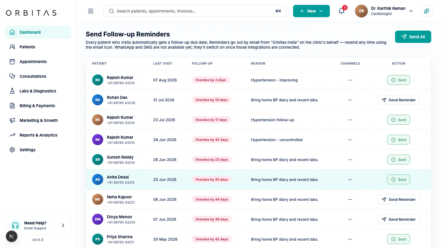 Orbitas Follow-up agent tracking overdue recalls and messaging over WhatsApp